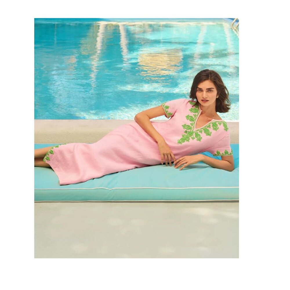 Women’s Pink Embroidered V-Neck Dress with Green Accents